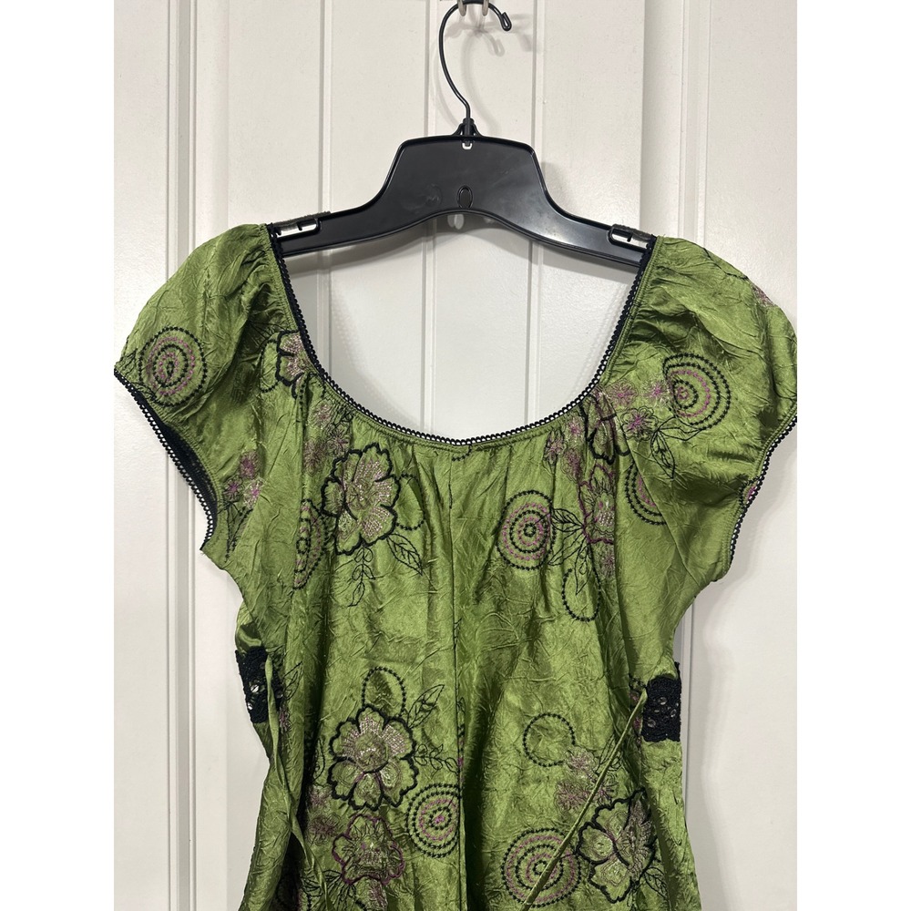 Y2K Heart Soul Green Floral Embroidered Sequin Lace Empire Waist Top Boho Fairy - Picture 8 of 9